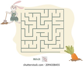 Children's puzzle game. Labyrinth. Educational logic games. Help the rabbit find the carrot. Vector illustration.