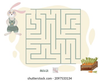 Children's puzzle game. Labyrinth. Educational logic games. Help the rabbit find the carrot. Vector illustration.