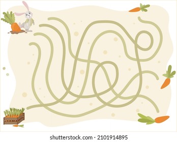 Children's puzzle game. Labyrinth. Educational logic games. Help the rabbit find the carrot. Vector illustration.