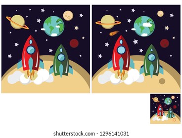 Children's puzzles, find 10 differences. Educational game for children. Red and green rocket in space.