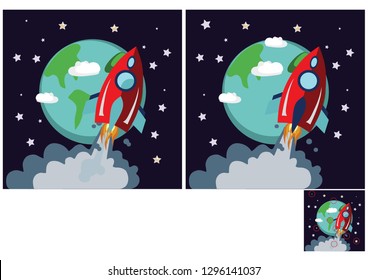 Children's puzzles, find 10 differences. Educational game for children. Red rocket in space.