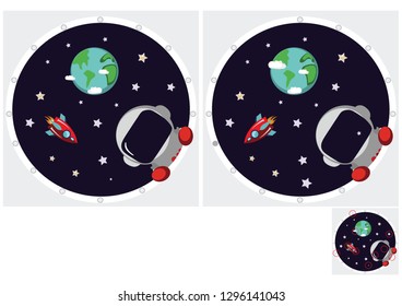  Children's puzzles, find 10 differences. Educational game for children. Astronaut in space, red rocket.