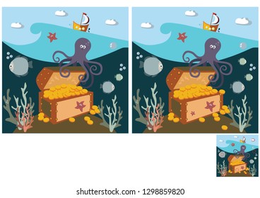 Children's puzzles, find 10 differences. The sea with treasures and the inhabitants of the sea.