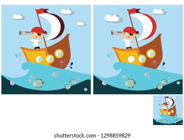 Children's puzzles, find 10 differences. Educational game for children. Boy pirate looking for treasure.