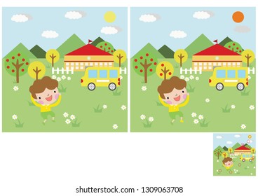 Children's puzzles, find 10 differences. Educational game for children. the boy is playing on the street