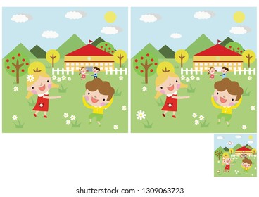 Children's puzzles, find 10 differences.  children play around at home