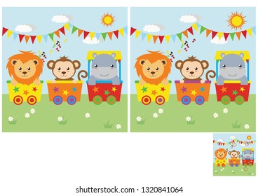 Children's puzzles, find 10 differences. Educational game for children. circus animals go by train (lion, monkey, hippopotamus)