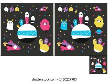 Children's puzzles, find 5 differences. Educational game for children. cosmic world, aliens