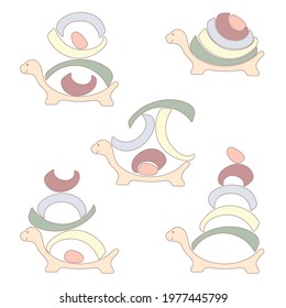 children's pyramid in the form of a friendly turtle.  The tortoise shell is made up of individual pieces of different colors that can be stacked however you like.  vector illustration.