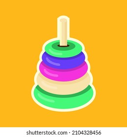 Children's pyramid made of multicolored rings for construction and training.  Kids toy icon. Vector illustration isolated on yellow background