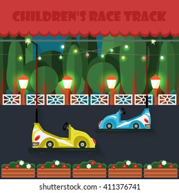 Children's race track. Amusement outdoor .  Vector illustration. Flat style.