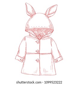 Children's raincoat with rabbit ears on the hood. Sketch