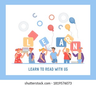 Childrens reading learning promotion poster or banner template with cartoon kids. Children preschool education and early development concept, flat vector illustration.