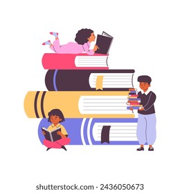 Children's reading. Vector illustration of a stack of giant books with characters of children reading books in different poses on an isolated background. The concept of children's interest in books.