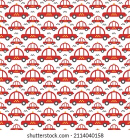 Children's red cab. Wallpaper with taxi cars in nursery style. Seamless pattern with cartoon city transport on white background for little baby boys. Flat illustration without outline for kids design.