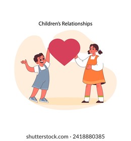 Concepto de relaciones entre niños. Amistad inocente y alegría pura representada a través de un intercambio lúdico y un corazón compartido. Capta la simplicidad de los lazos infantiles. Ilustración vectorial plana