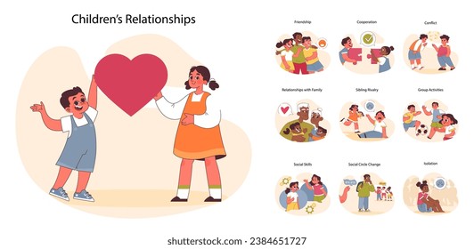 Children's Relationships set. Showcasing friendship, family bonds, sibling rivalry, and social interactions. Captures stages from cooperation to isolation. Flat vector illustration