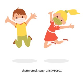 Childrens rest, jumping concept. A boy and a girl in masks are jumping. Summer recreation and entertainment during the coronavirus pandemic. Vector flat illustration.