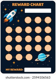 children's reward-tracker on the space theme with a rocket and a planet against the starry sky