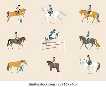 Escuela de equitación para niños, niños montan caballos y ponis, ilustración vectorial