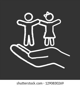 Children's rights chalk icon. Child protection day. Hand holding kids. Childcare. Isolated vector chalkboard illustration