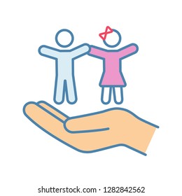 Children's rights color icon. Child protection day. Hand holding kids. Childcare. Isolated vector illustration