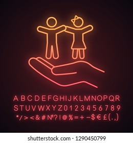 Children's rights neon light icon. Child protection day. Hand holding kids. Childcare. Glowing sign with alphabet, numbers and symbols. Vector isolated illustration