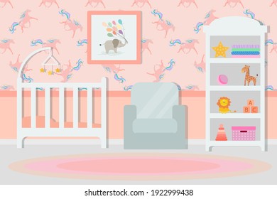 Children's room for a baby girl, in pastel colors, in flat style.