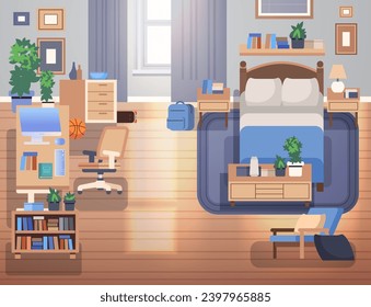 Habitación infantil con cama y lugar de trabajo. Interior de habitación para un joven estudiante. Ilustración vectorial plana