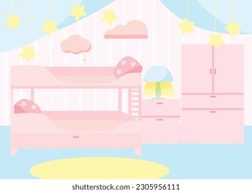 Children's room bedroom in a cartoon style. In the room there is a two-story bed and a wardrobe, a bedside table, a table lamp. Background for design in pink and blue tones.