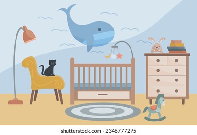 Children's room. Children's bedroom with crib, bedside table, toys, books, armchair, floor lamp. The cat is sitting on a chair. Interior concept. Vector illustration in a flat style.