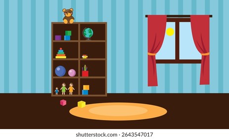 Children's room with bookshelves, toys and toys. Vector illustration