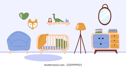 Childrens room for a boy. The concept of the interior of the nursery with cradle and baby toys. Vector illustration in a flat and doodle style.