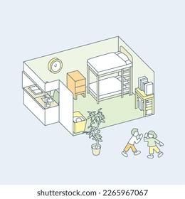 Children's room with bunk beds.
Children sharing various things.