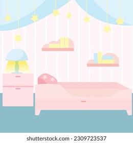 Children's room in a cartoon style. Vertical background for design. The bedroom has a bed, a bedside table and a lamp.