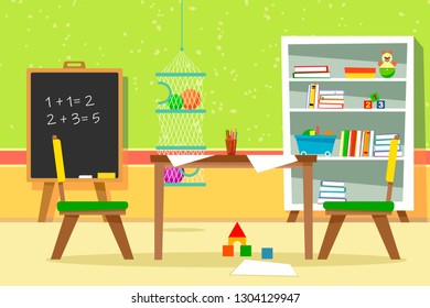 Children's room with a chalk board, a grid for swords, a cupboard with books and toys, a table and chairs for which to draw. Flat Cartoon Style Illustration