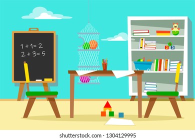 Children's room with a chalk board, a grid for swords, a cupboard with books and toys, a table and chairs for which to draw. Flat Cartoon Style Illustration