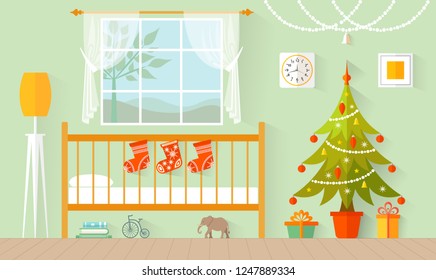 Children's room decorated for Christmas and the new year. Interior nursery in flat style with a Christmas tree and gifts.