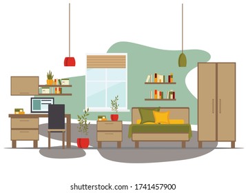 children's room with furniture, bed, computer desk, wardrobe, shelves, computer, flat vector illustration