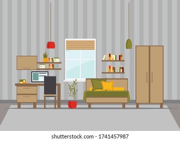 children's room with furniture, bed, computer desk, wardrobe, shelves, computer, flat vector illustration