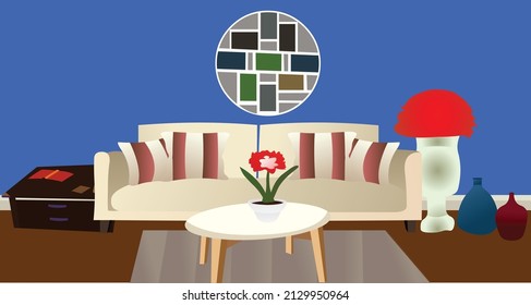 children's room with furniture, bed, computer desk, wardrobe, shelves, computer, flat vector illustration
