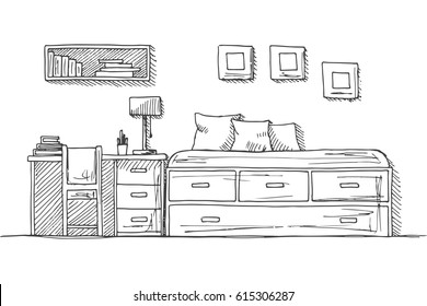 Children's room. Children's furniture. Bed, table and chair. Hand drawn vector illustration of a sketch style.