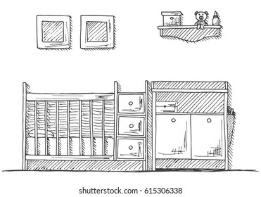 Children's room with furniture. Crib, changing table. Hand drawn vector illustration of a sketch style.