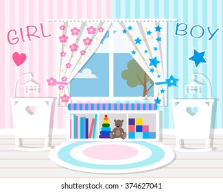 Children's room with furniture in pink and blue for little twins. Children and playroom interior. Apartment vector illustration style.