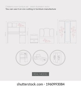 Children`s room furniture set - sketch illustration vector
You can use it on cnc cutting in furniture manufacture