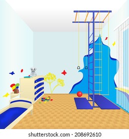 children's room with furniture, sports complex and of toys