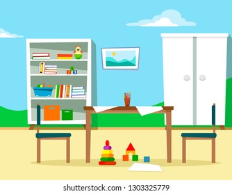 Children's room with furniture and toys, with a table and chairs, scattered sheets for drawing. Vector illustration in cartoon flat style.