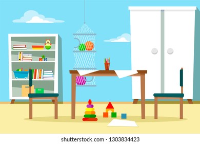 Children's room with furniture and toys, with a table and chairs, scattered sheets for drawing. Vector illustration in cartoon flat style.