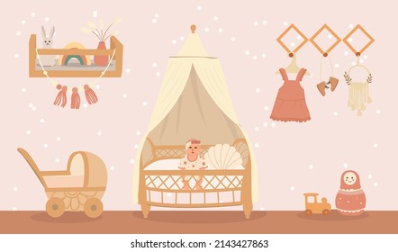 Children's room for a girl in boho style. Vector illustration in a flat style. The concept of the interior of the children's room