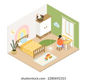 Childrens room for girl - vector colorful isometric illustration. Little girl draws boat with pencils, sitting at the table. Bed with night light, closet, soft carpet, toy rabbit. Happy childhood idea